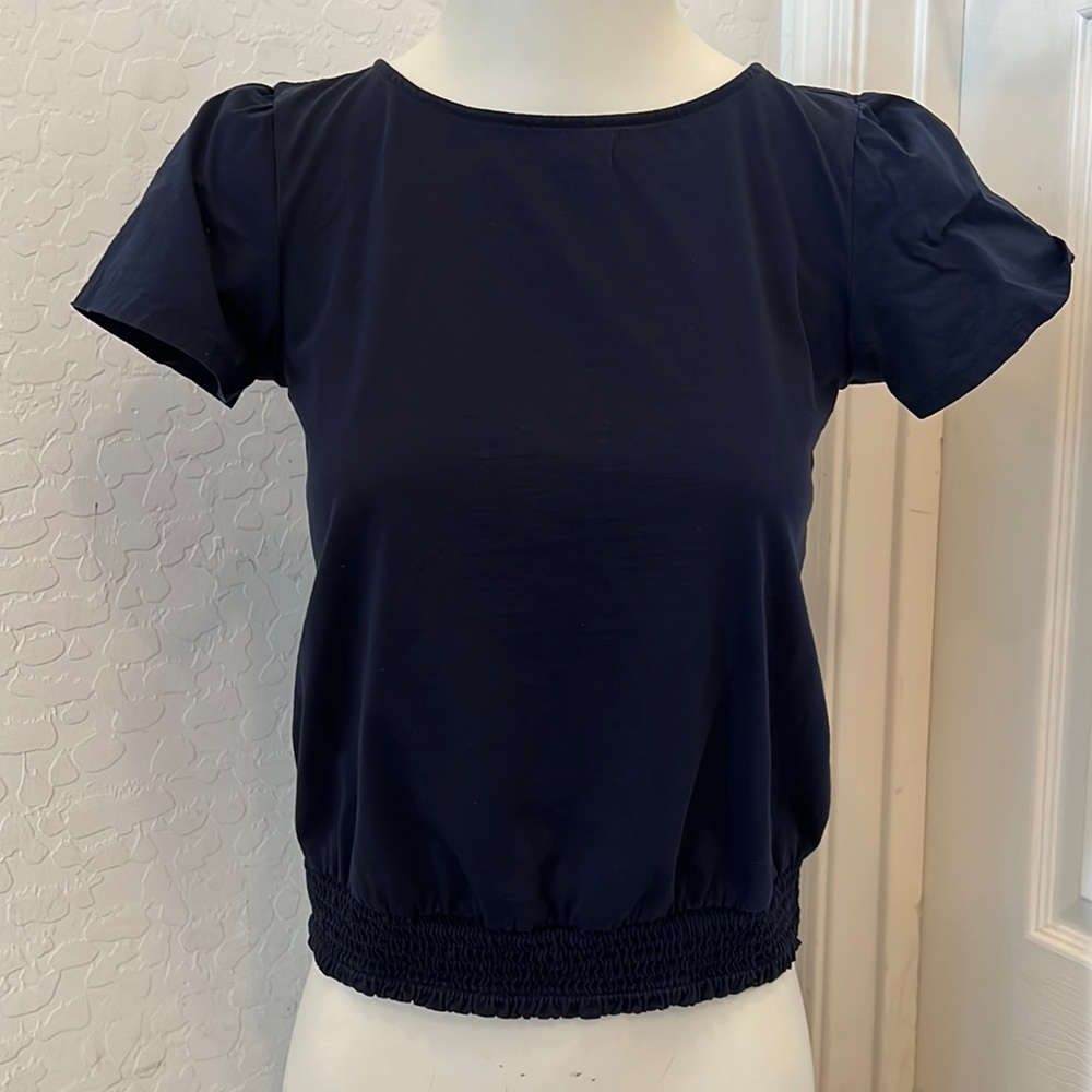 Ann Taylor Blue Cotton Top Ruffled Waist
